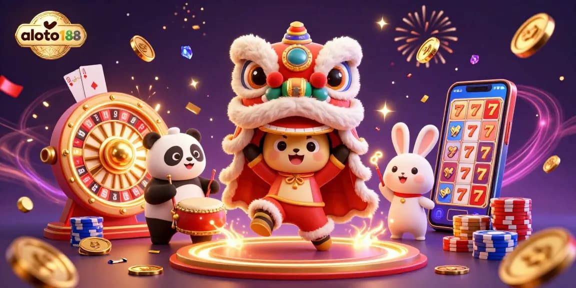 Experience exhilarating gaming at aloto188 with vibrant 3D casino elements and festive characters.