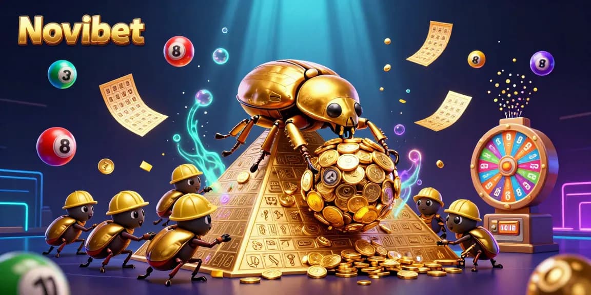 Novibet brings excitement with a golden dung beetle and colorful lottery elements rolling to victory.
