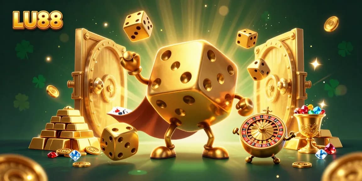 LU88 golden dice golem juggling gems and money in a vibrant casino scene