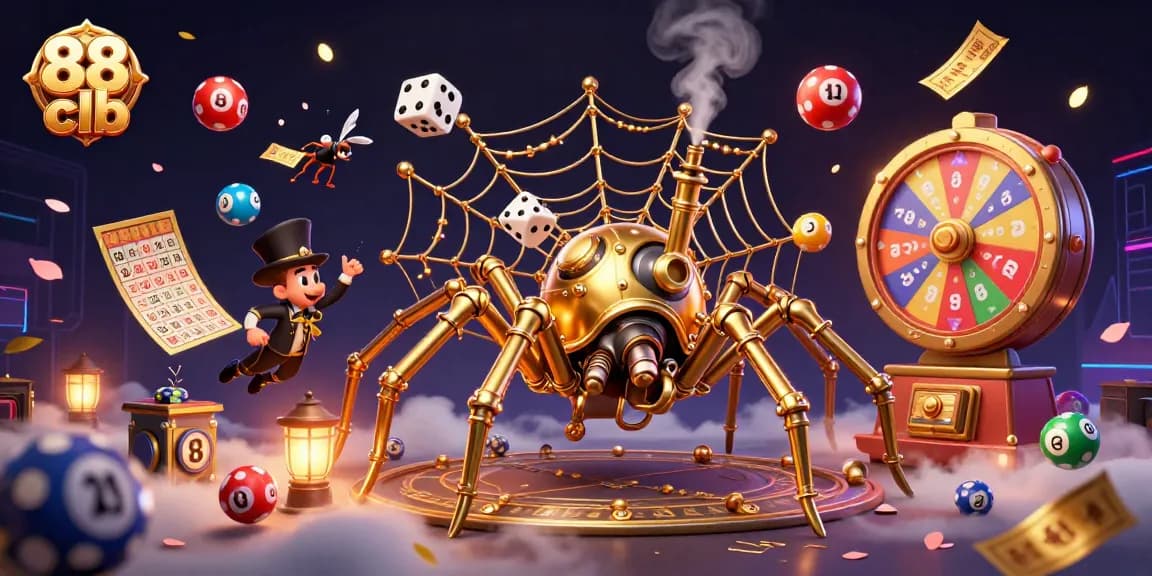 Engage at 88 clb with a dynamic scene of a steampunk spider weaving gambling excitement.