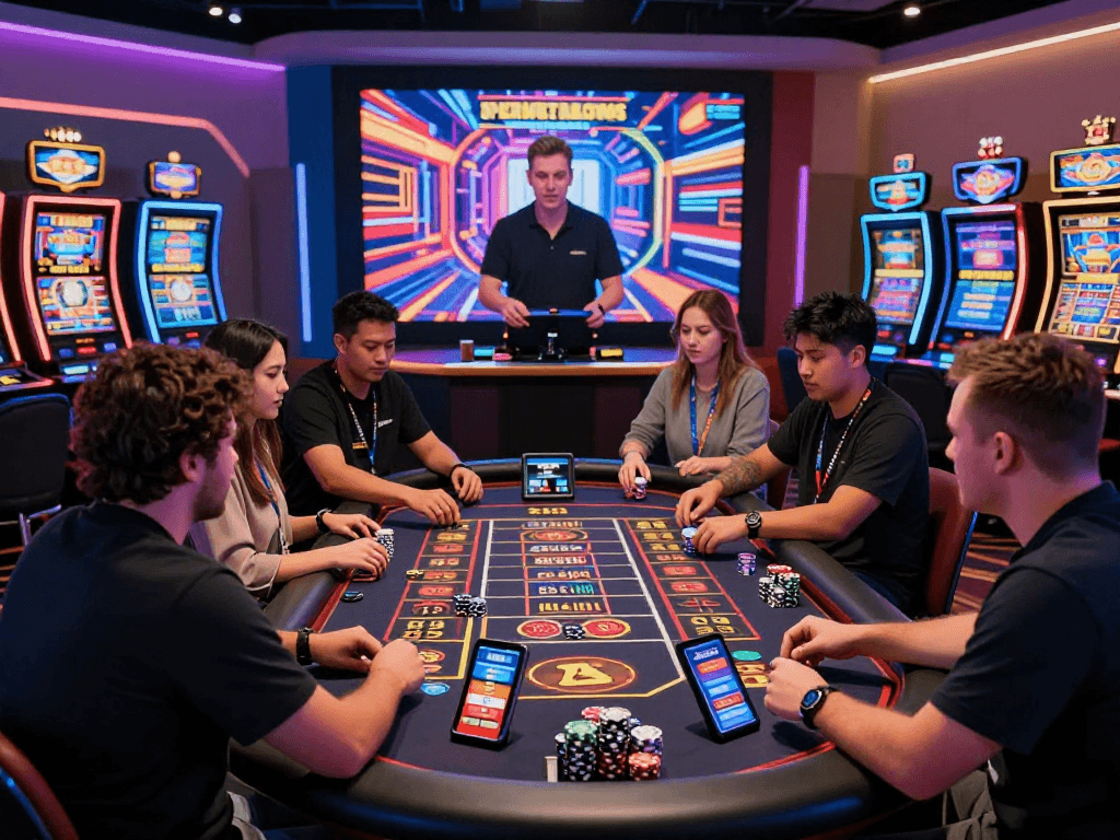 Engaging scene showcasing players at US online casinos interacting with live dealers and digital games, depicting the excitement of online gambling.