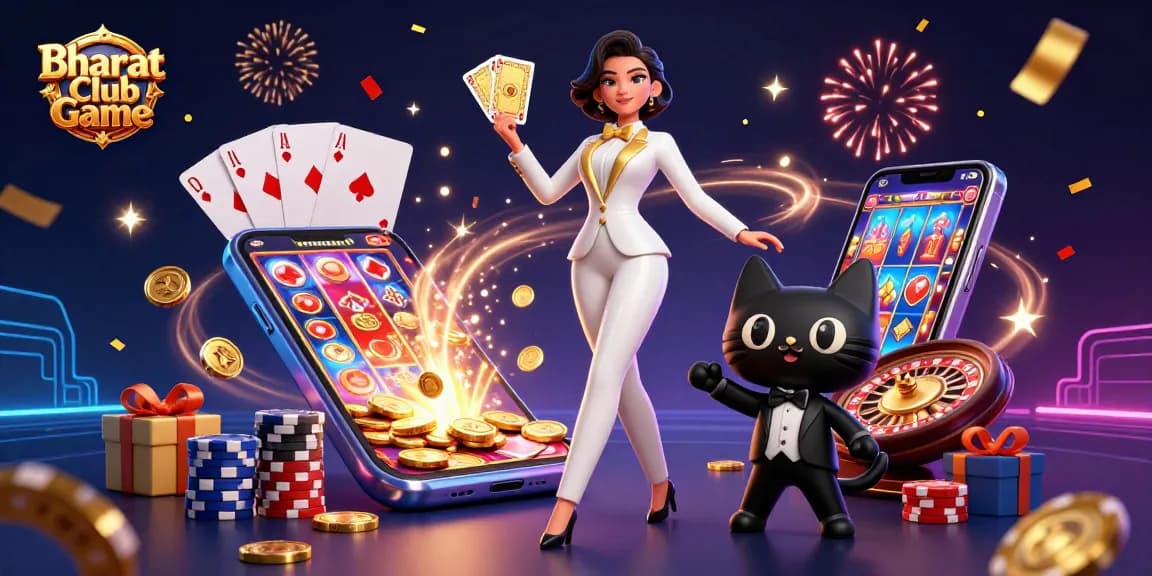 Bharat Club Game showcases animated casino fun with a glamorous woman shuffling cards and golden coins erupting.