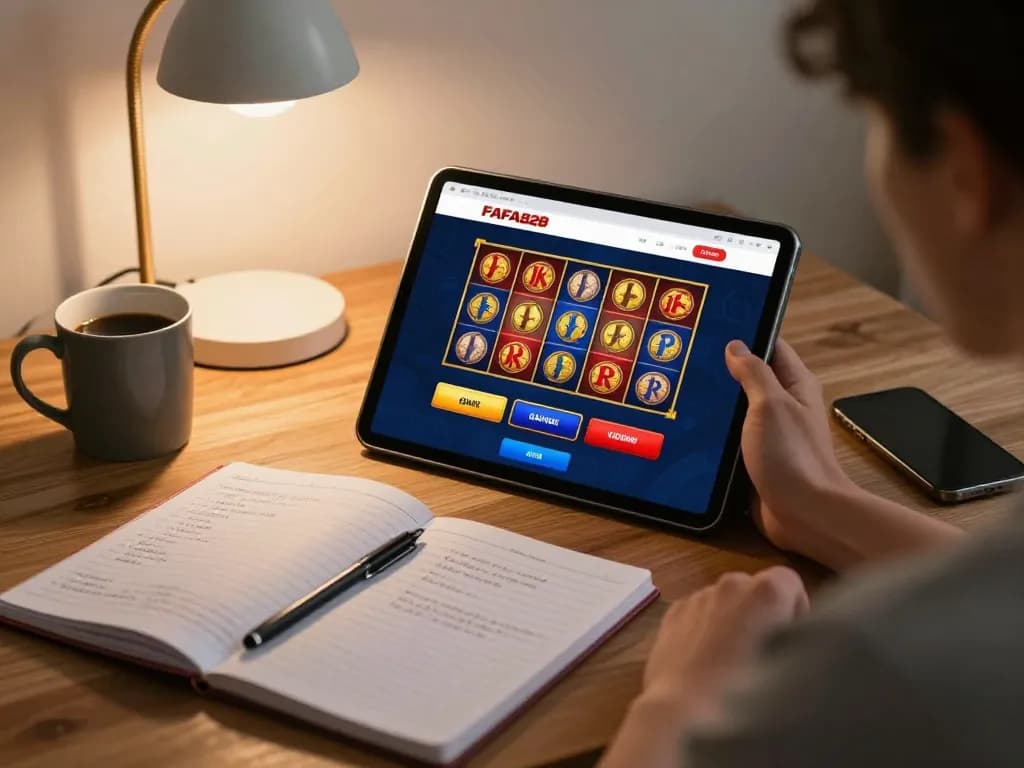 FAFA828 online casino experience with a player using a tablet to engage in strategic gameplay at home