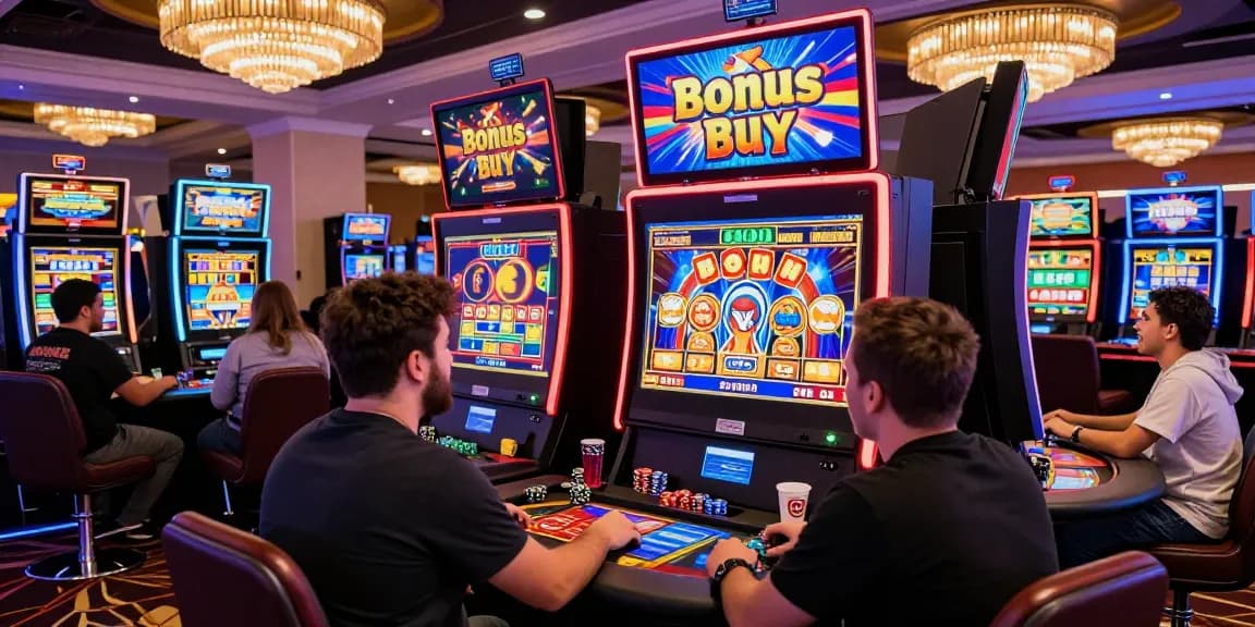 Players engaging with bonus buy slots at a vibrant online casino, showcasing excitement and potential winnings.