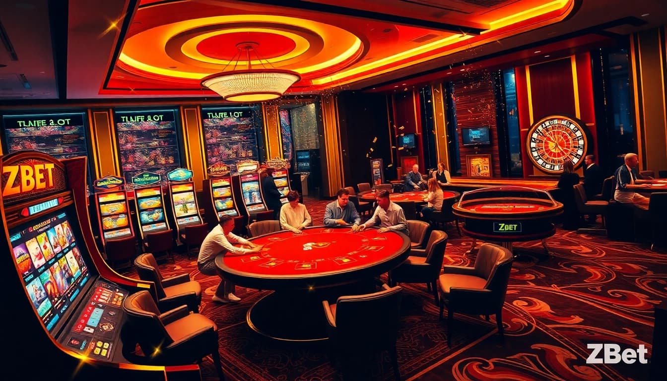 Experience the thrill of winning at Zbet with an exciting casino scene featuring poker tables, vibrant slot machines, and a roulette wheel.