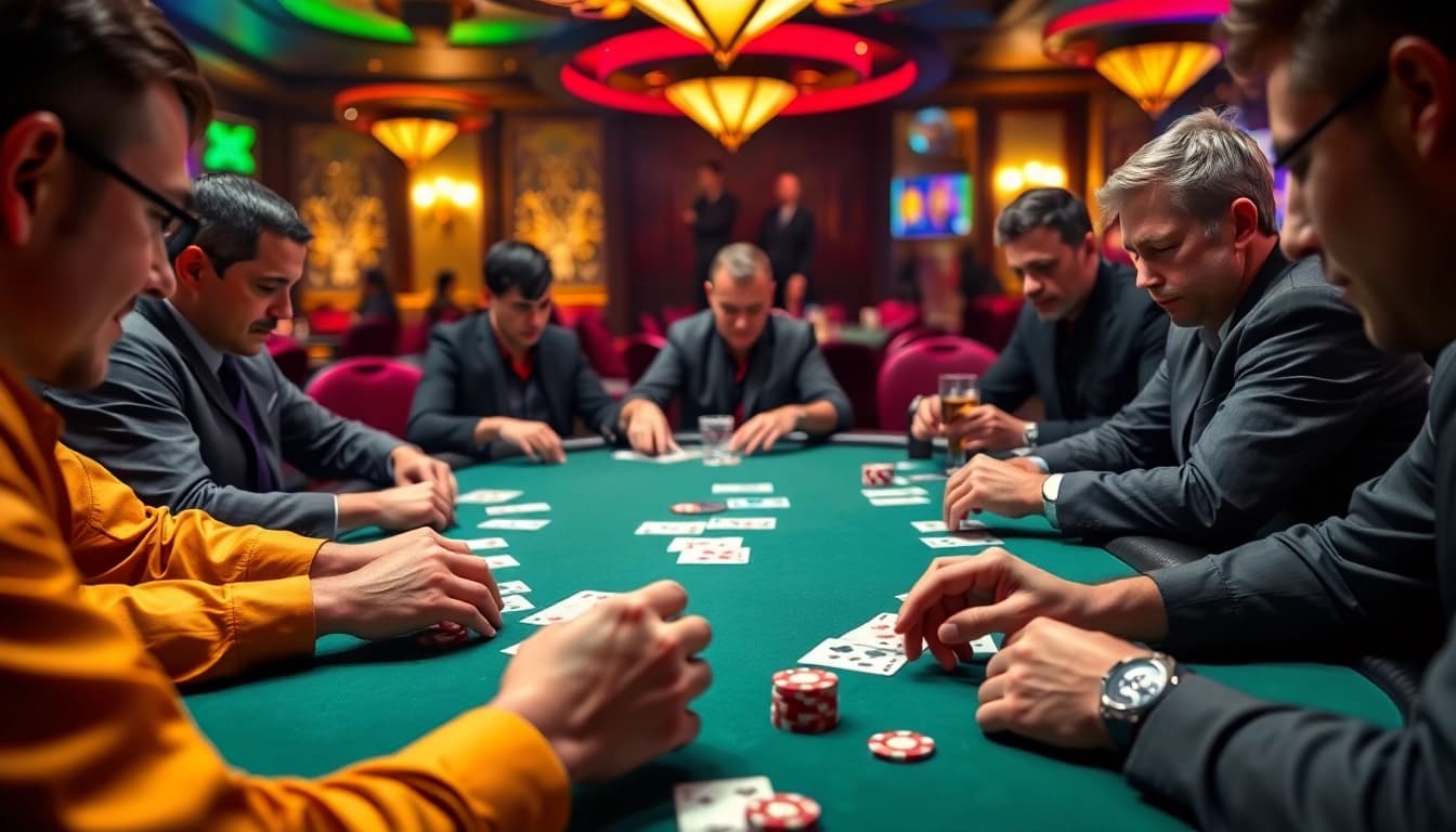 Engaging poker game with players focused on cards and chips in a vibrant casino setting.