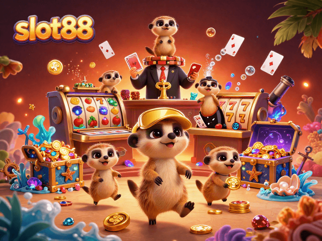 Meerkats operate a slot88 casino with vibrant elements showcasing dynamic gameplay and rich detail.