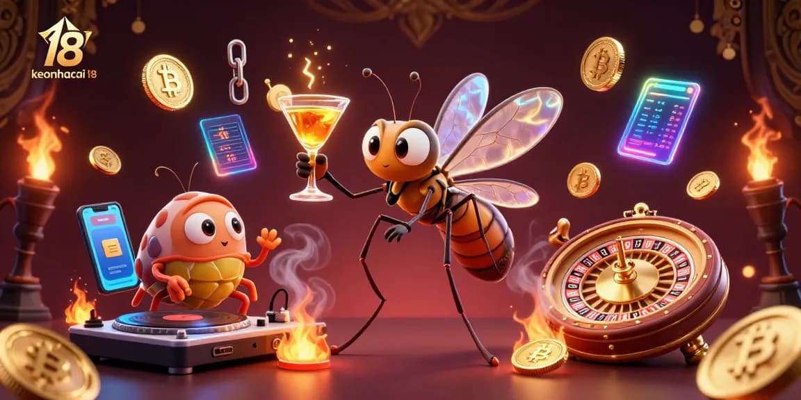Bet on excitement with keonhacai 18, featuring a lively casino scene with unique characters.