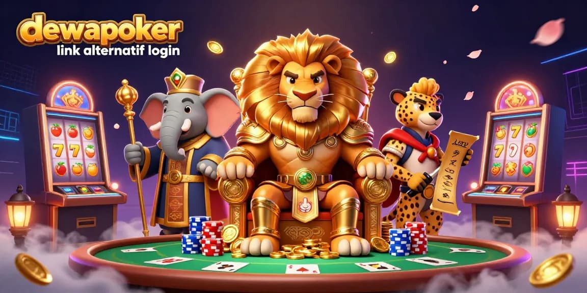 Dewapoker link alternatif login illustration with a cartoon lion king, elephant advisor, and cheetah messenger at a poker table.