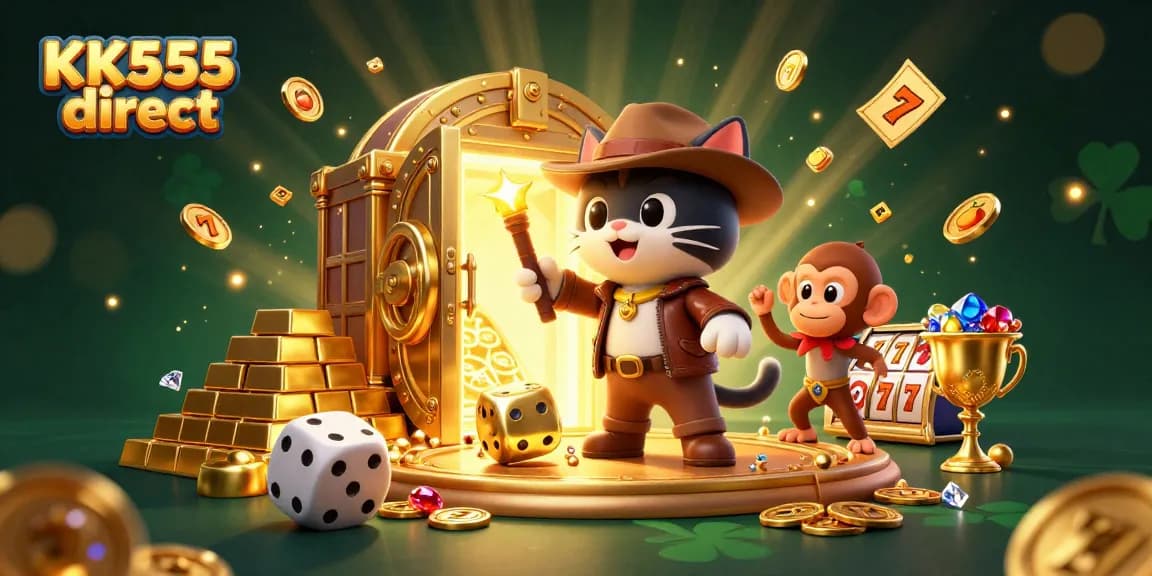 Engage in the thrilling adventure of KK555 direct with a cartoon cat exploring a golden casino