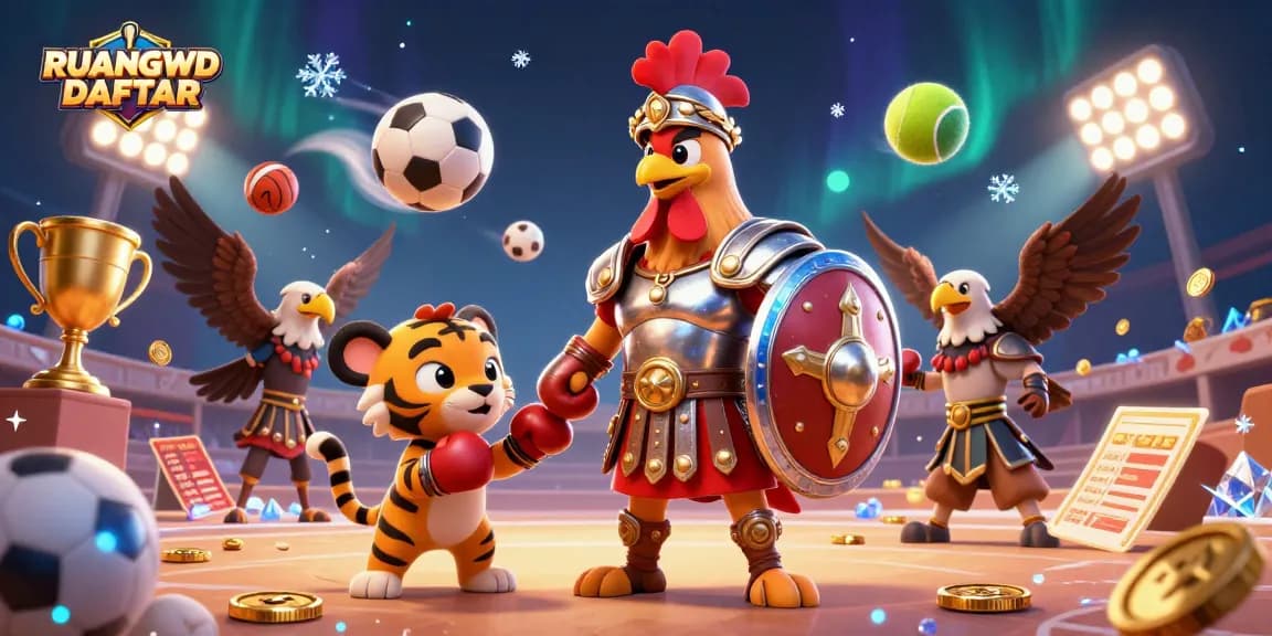 Experience the thrill at RUANGWD DAFTAR with this vibrant scene of a gladiator rooster and sports elements.