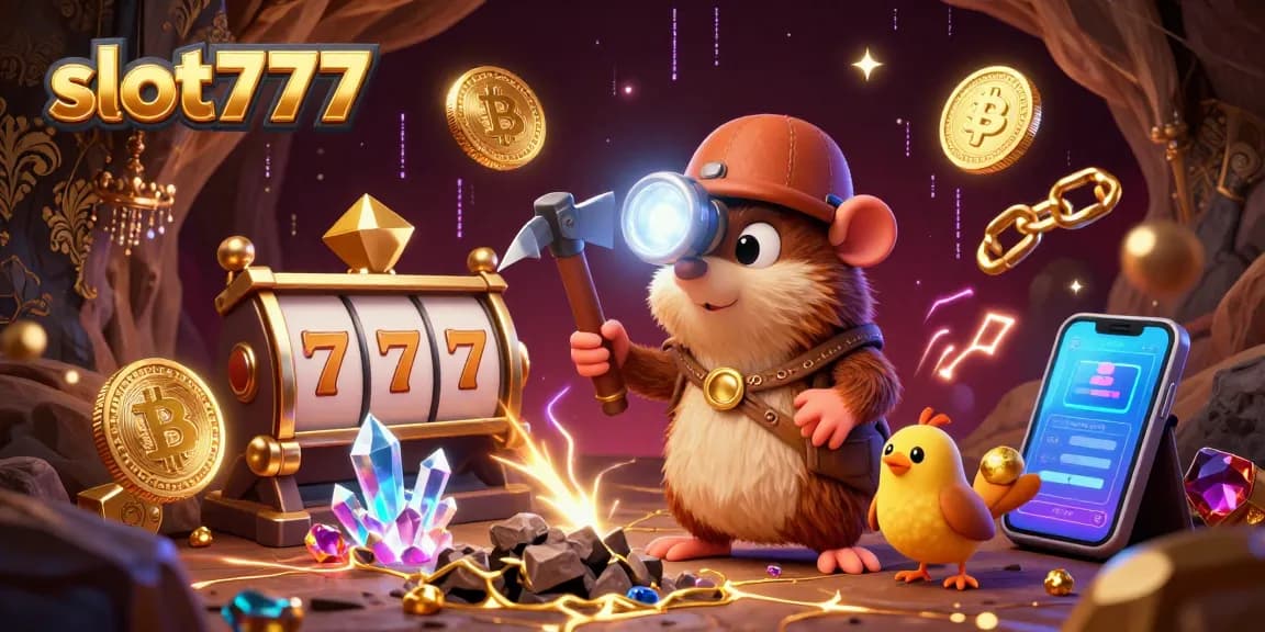 Spin to win with slot777 as a playful mole digs for treasure in a vibrant casino cave.