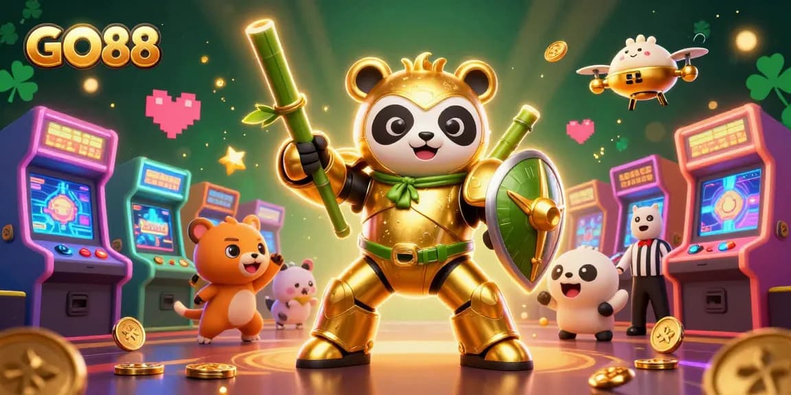 Join GO88 for exhilarating gameplay with a golden panda hero in an energetic casino scene filled with dynamic arcade elements.