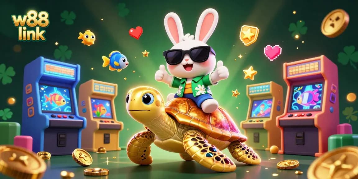 Engaging w88 link scene showcasing a lucky rabbit and sea turtle among colorful arcade games.