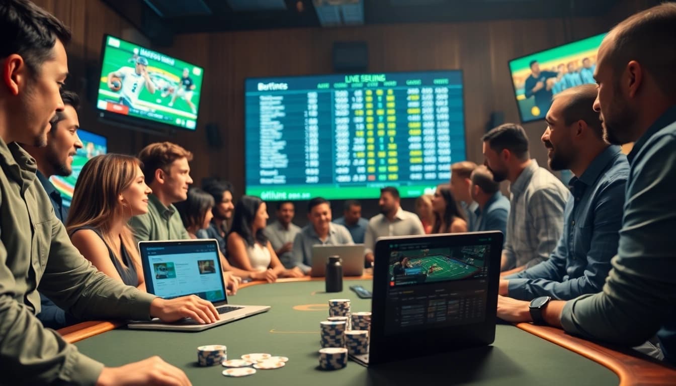 Engaging scene showcasing online Betting with diverse individuals enjoying live sports wagers.