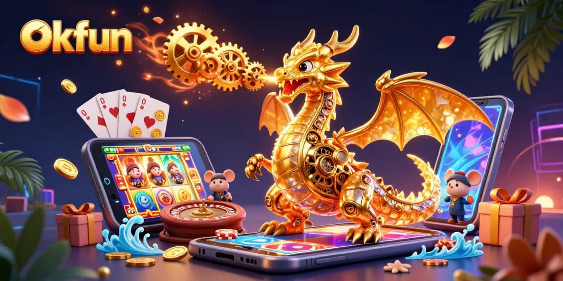 Engage in exciting gameplay with okfun's golden dragon as it breathes gears amid vibrant slot games and casino elements.