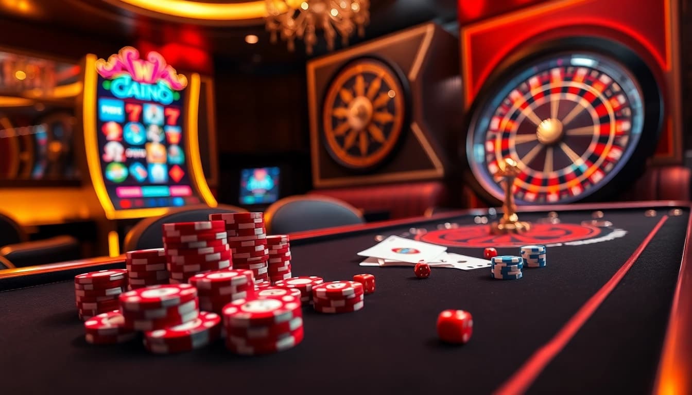 Experience the thrill at the jl55 club with a dynamic casino scene featuring poker chips, cards, and exciting slot machines.