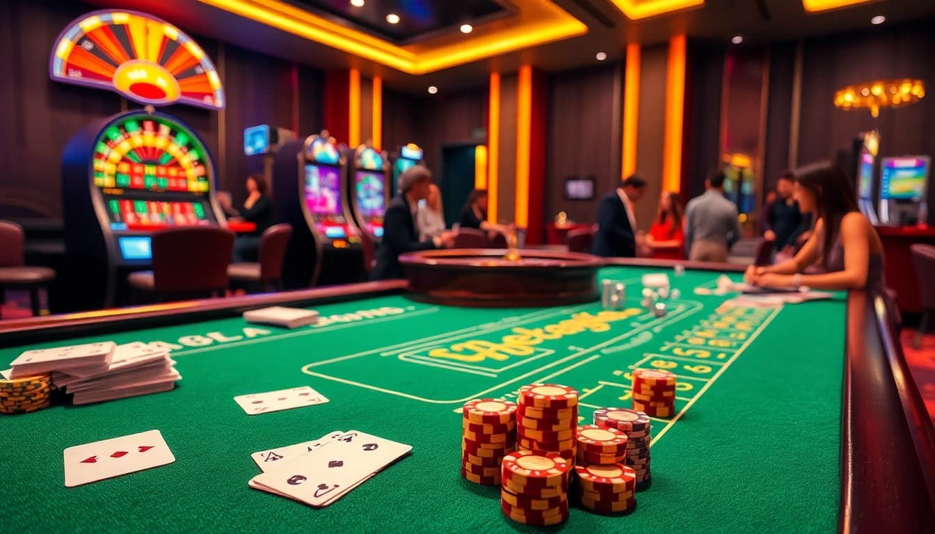 Experience the excitement of eejl with players at a vibrant casino table, surrounded by cards and chips.