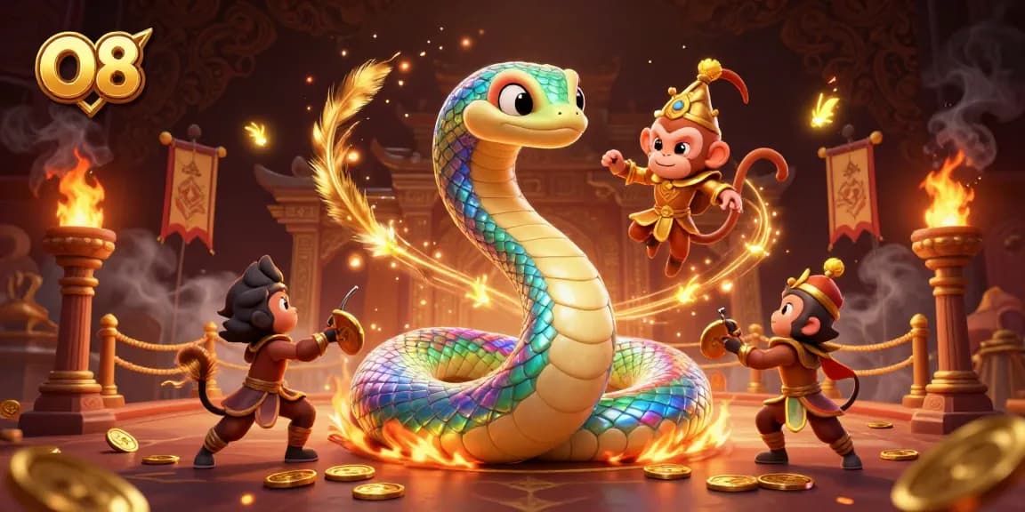 Engage with thrilling games at O8 featuring vibrant illustrations of gaming adventures and lucky symbols.