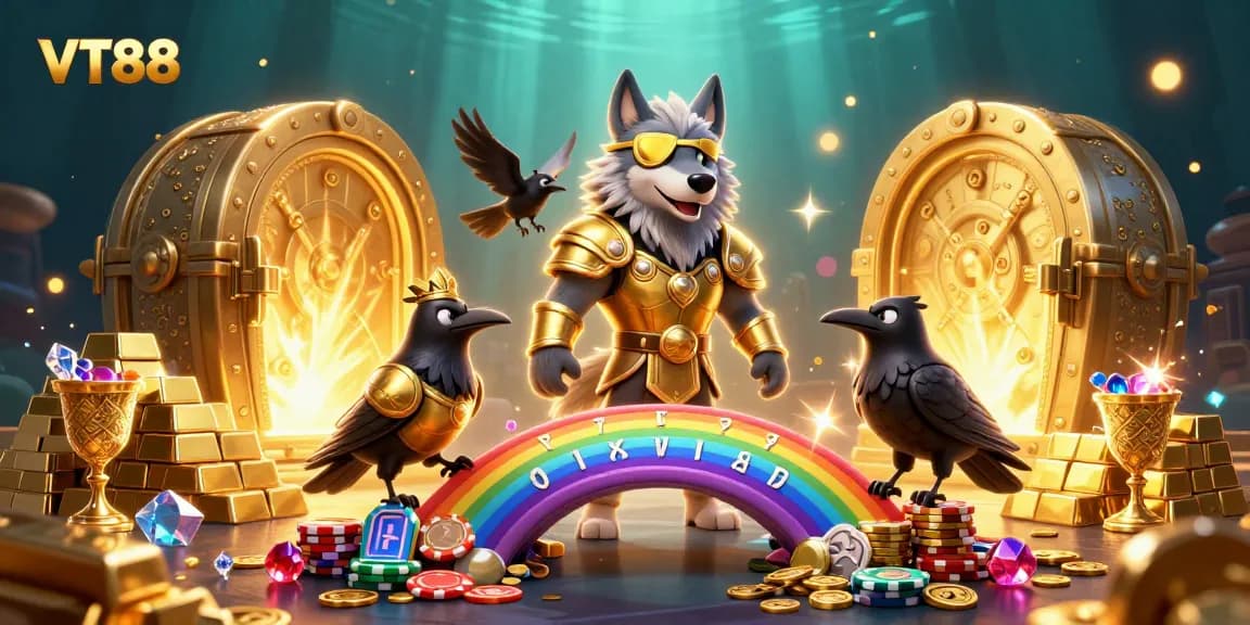 Experience winning excitement with VT88 casino featuring cartoon Norse wolf and ravens!
