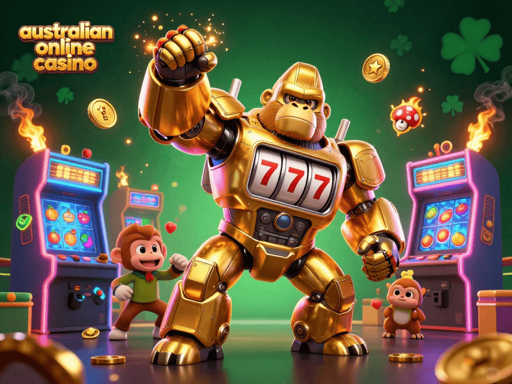 A dynamic illustration of a golden gorilla mech for an australian online casino, surrounded by colorful game elements.