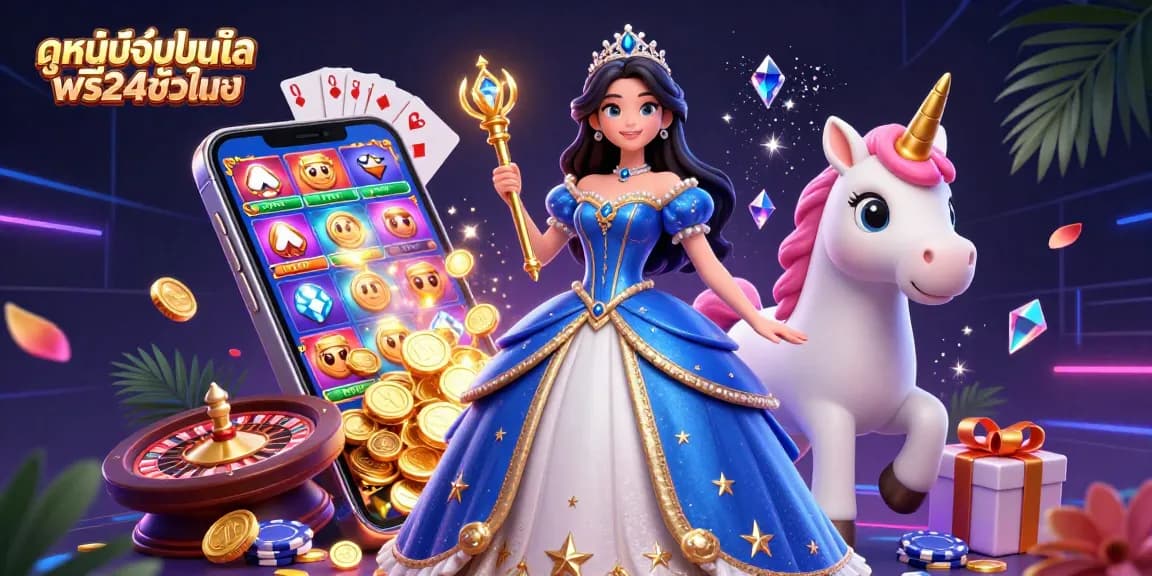 Experience the excitement of ดูหนังออนไลน์ฟรี24ชั่วโมง with a vibrant, enchanting 3D digital scene showcasing a dynamic film and casino gaming fusion.