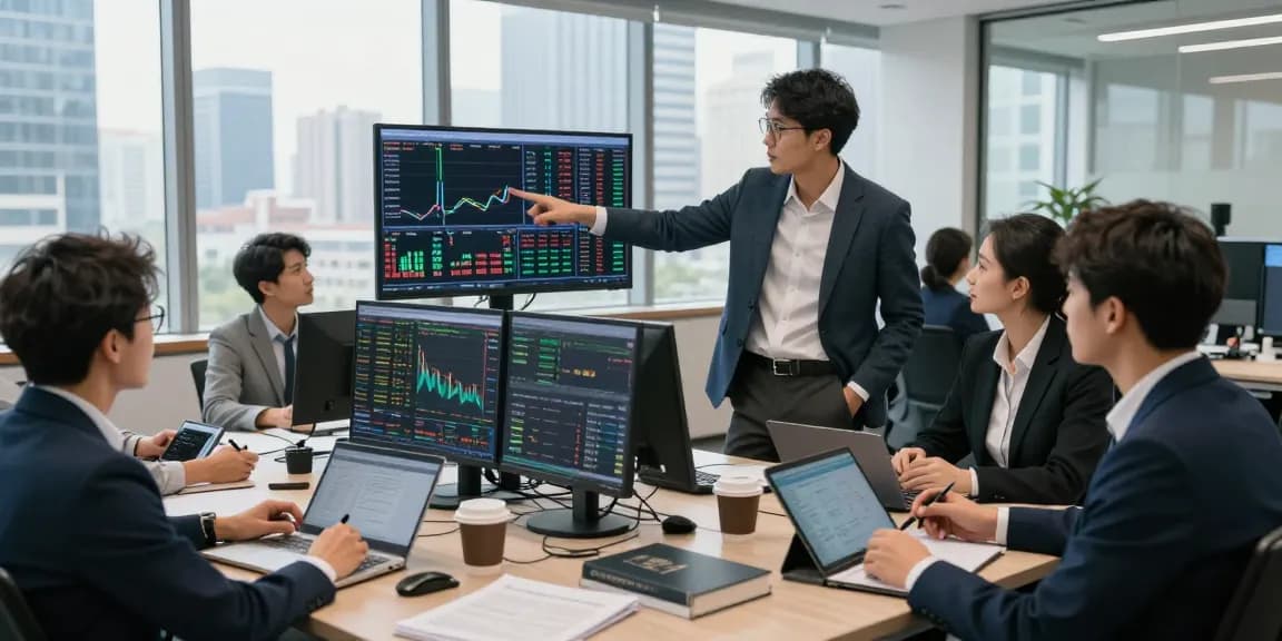 Aktivitas trader di kantor modern dengan analisis pasar, kakakjudi dan strategi trading kolaboratif.