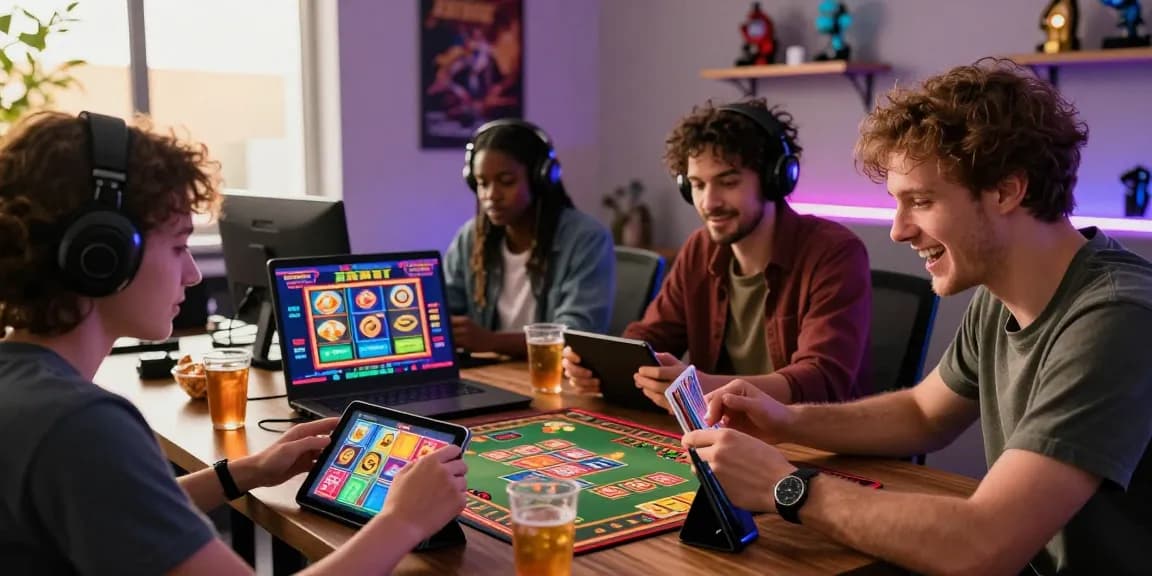 Exciting online gaming vibe with players enjoying gamebaidoithuong is, card games, and Slot machines in a vibrant tech-savvy room.