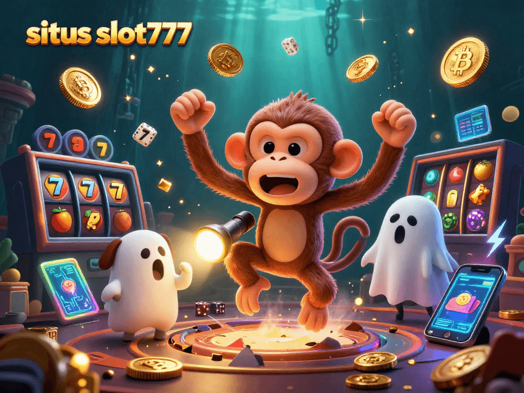 Experience the thrill of situs slot777 as a mischievous monkey juggles coins in a dynamic casino scene.