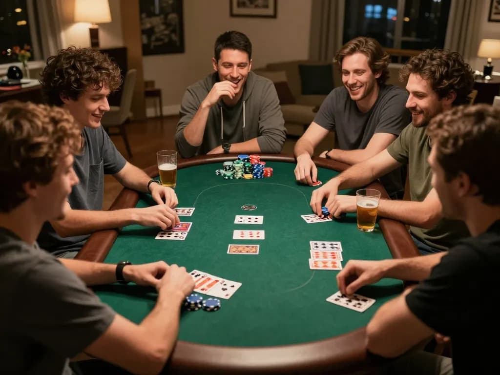 Players enjoying situs slot gacor during a friendly home poker night, showcasing vibrant chips and cards.