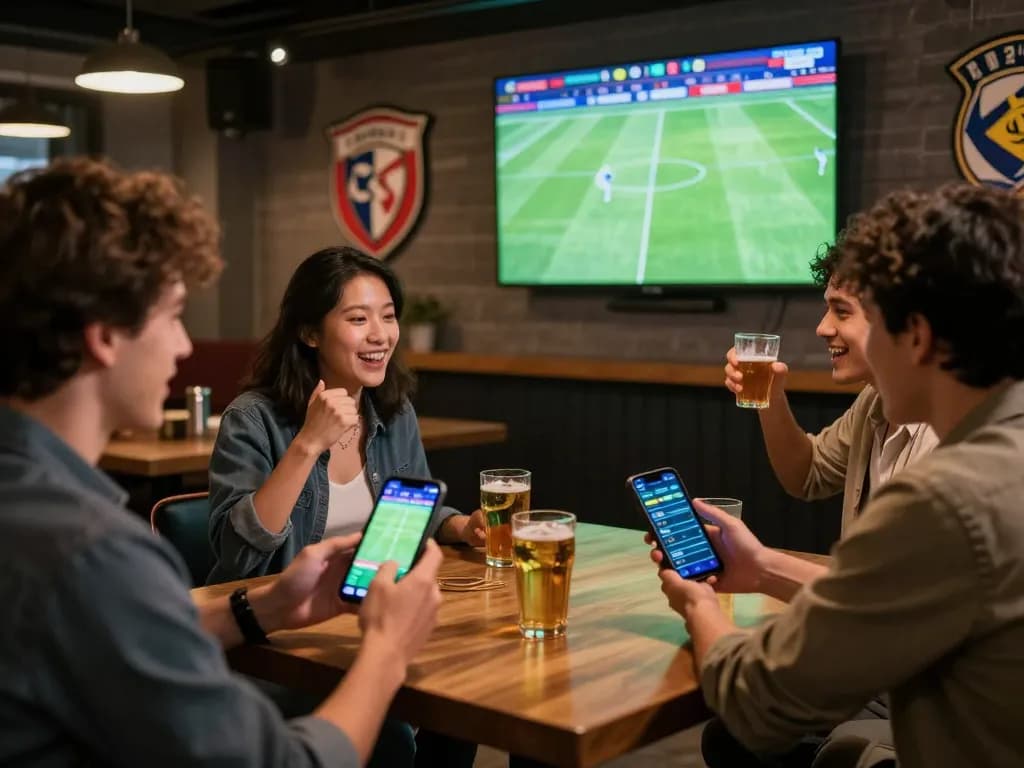 Engaging in cá độ bóng đá strategies while celebrating in a lively sports bar.