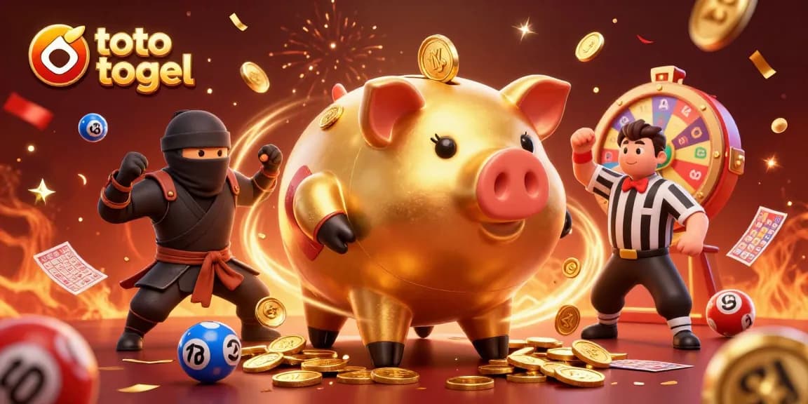 Engaging scene depicting lottery action with toto togel featuring a golden piggy bank sumo wrestler shaking coins and vibrant game elements.