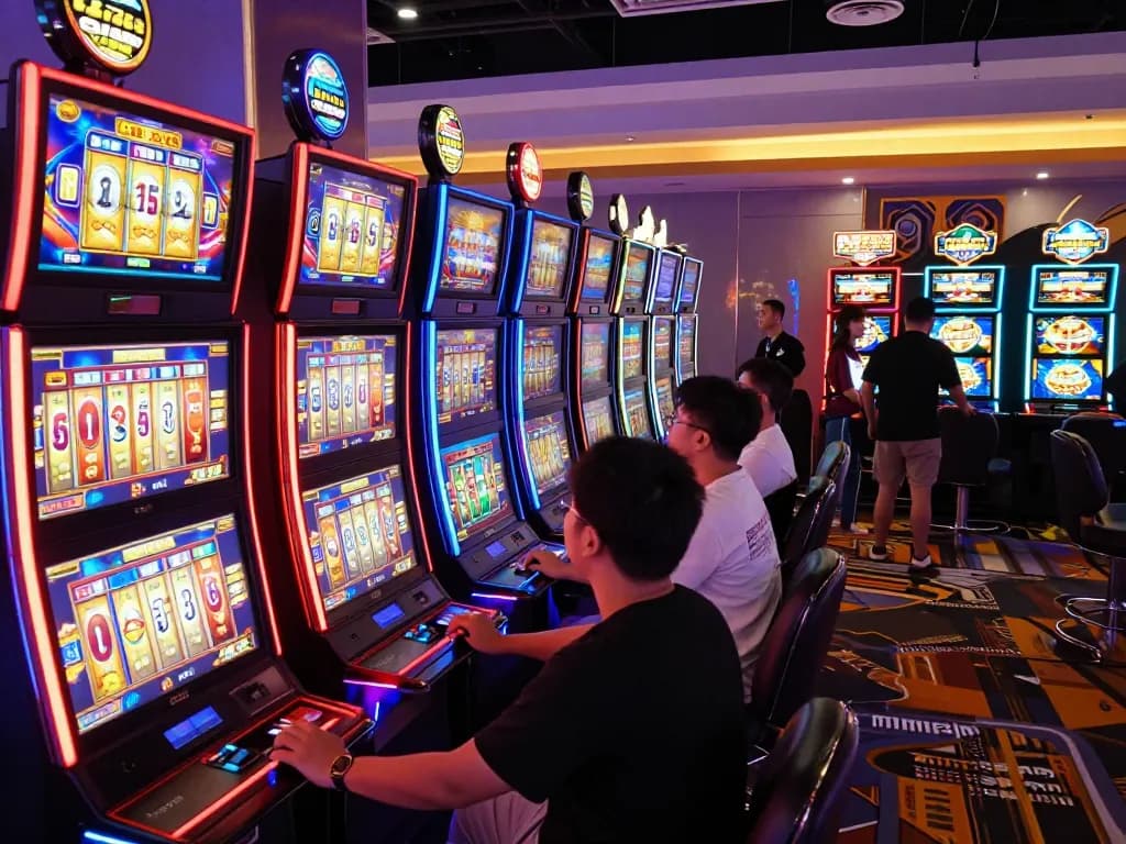 Pemain menikmati mesin slot yang mengasyikkan di kasino Ulat123 dengan cahaya dan grafis yang cerah
