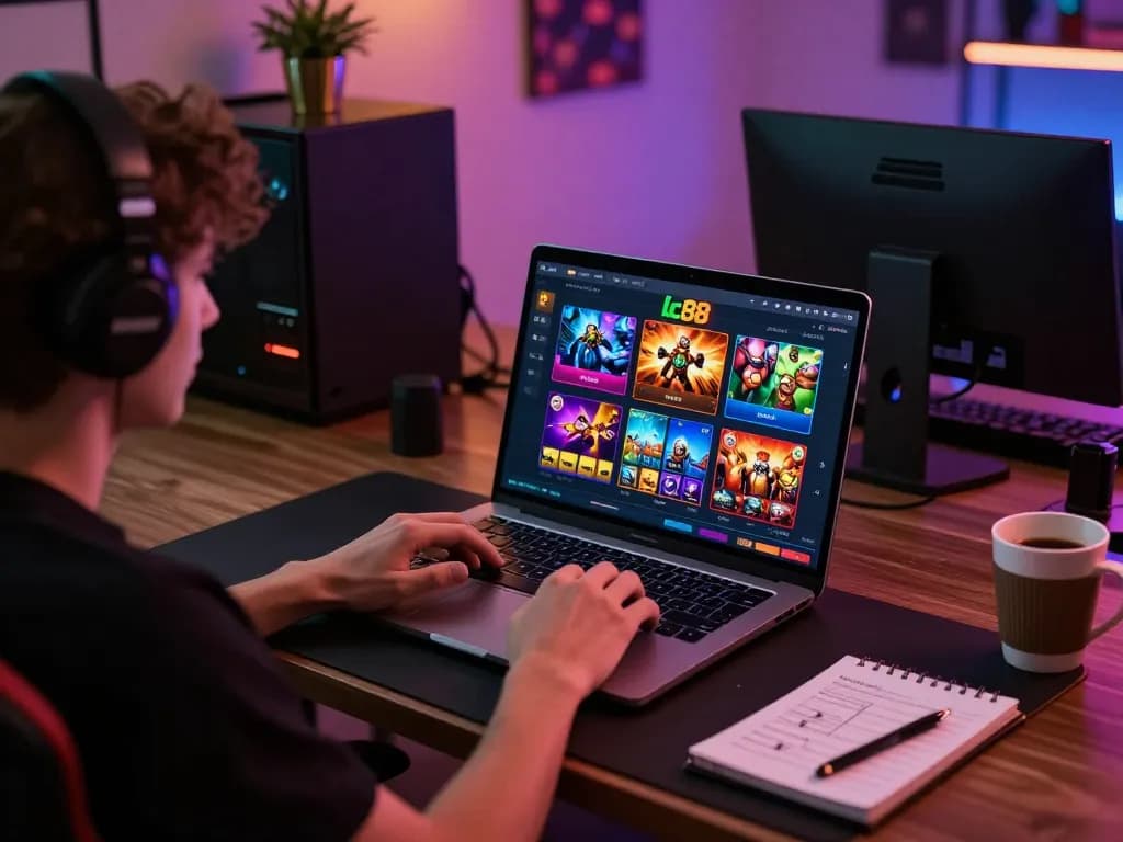 Player engaging with lc88 online casino, displaying interactive gambling options in cozy home setup