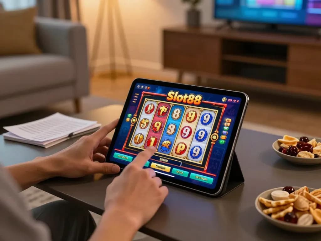 Engaging with Slot88 slot game interface on a tablet during a cozy home gaming session