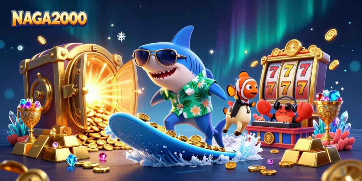 NAGA2000 menampilkan ilustrasi kasino 3D yang hidup dengan hiu berselancar di atas koin emas di antara gulungan slot.