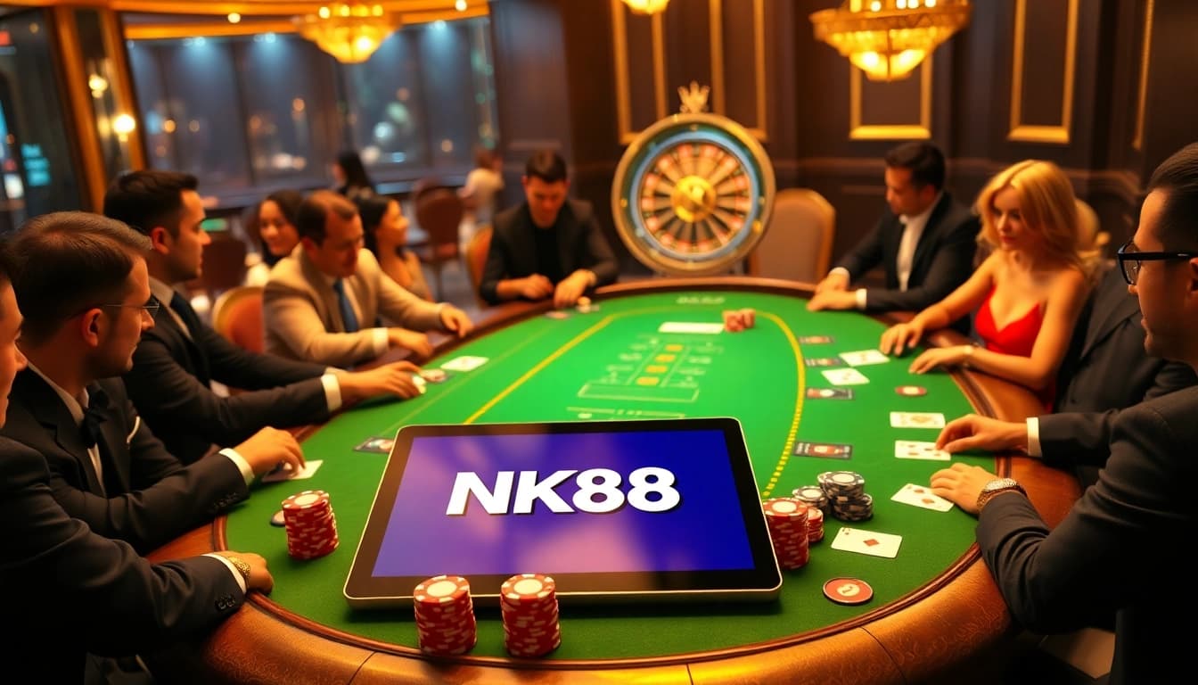 Experience thrilling poker action with NK88's vibrant casino atmosphere, showcasing professional gambling elements.