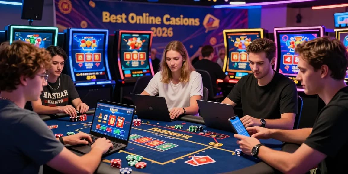 Players enjoying the thrill of the best online casinos in 2026, surrounded by vibrant gaming displays and colorful chips.