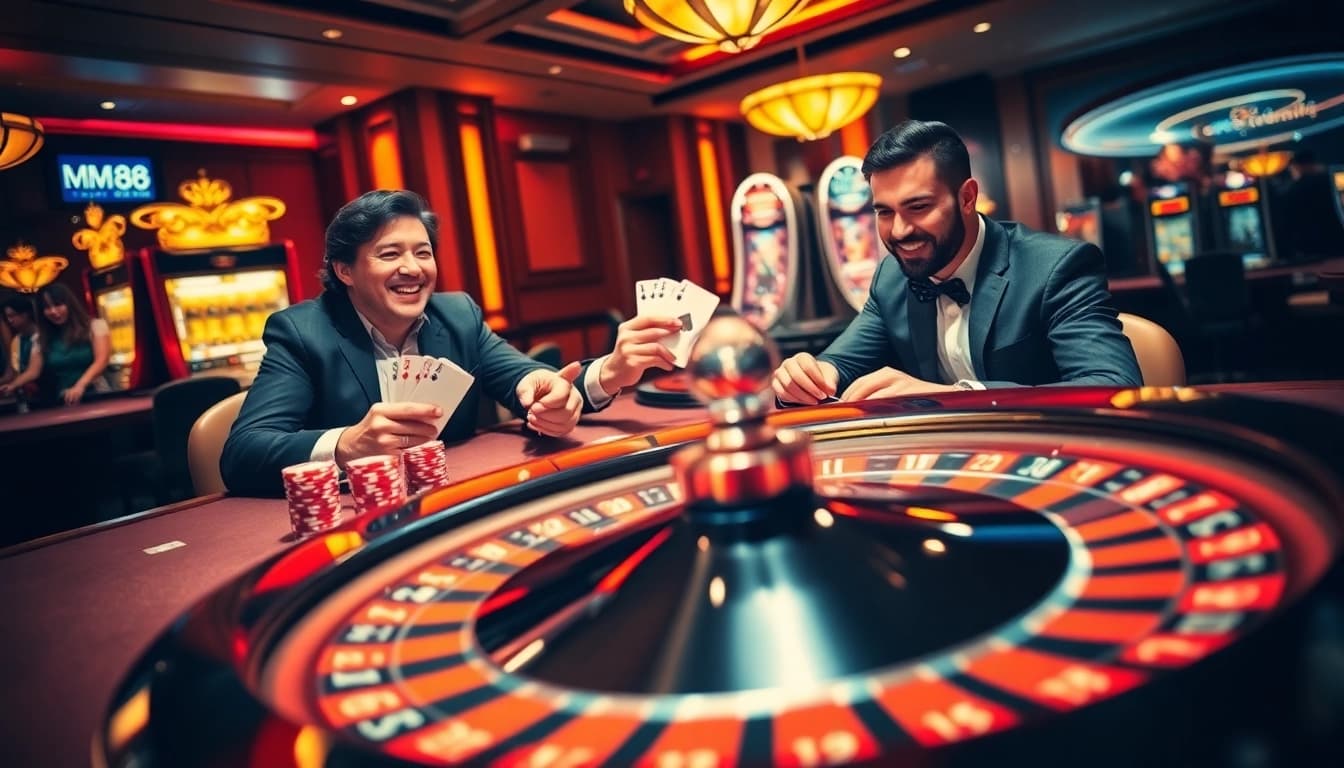 Gamblers celebrating a big win at MM88 casino with roulette, poker, and vibrant gaming elements.