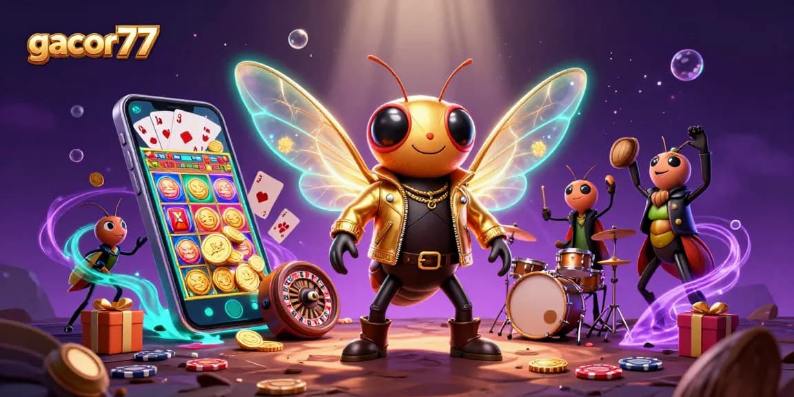Gacor77 menghadirkan slot seru dengan karakter cicada dan efek pemenang di latar belakang gemerlap.