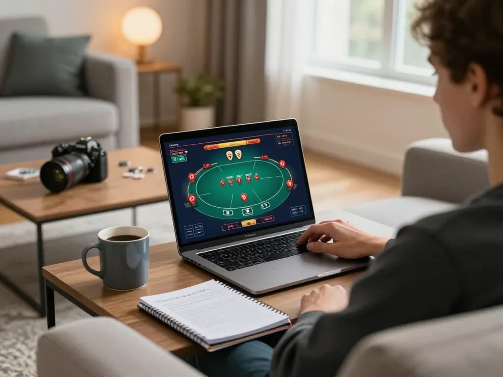 Player engrossed in online poker at home with CasinoAtlas guiding responsible choices.