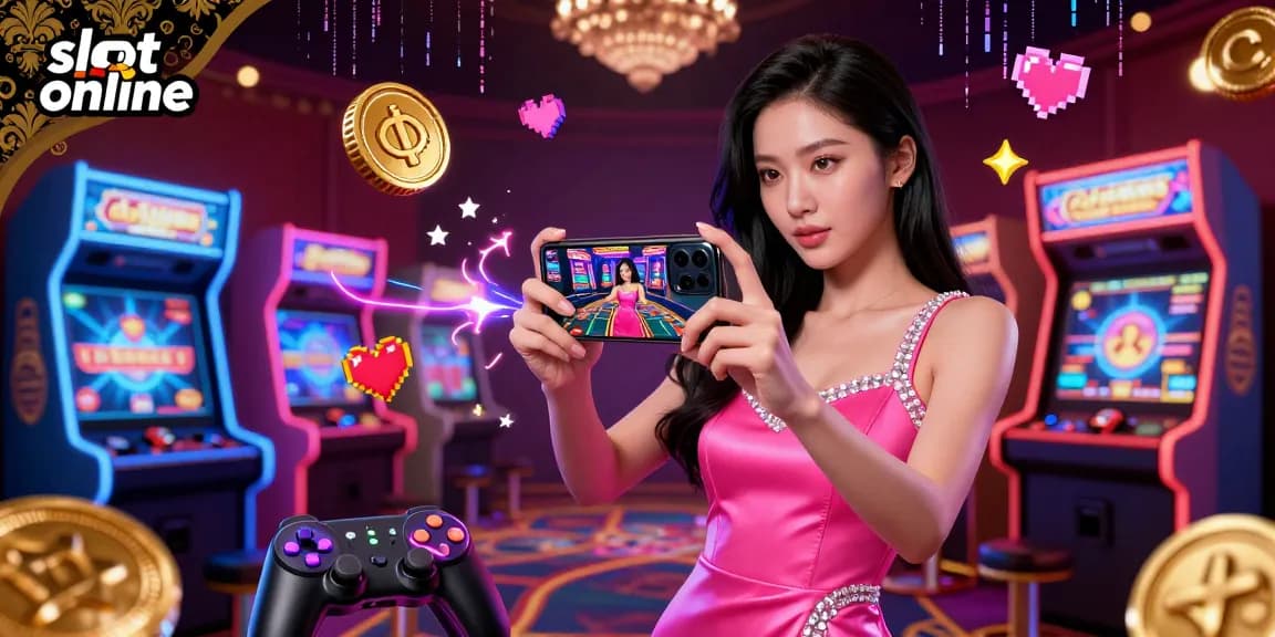 Putar untuk menang di slot online dengan seorang wanita percaya diri yang menampilkan permainan dealer langsung di ponselnya.