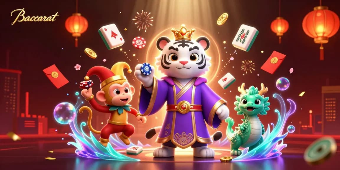 Baccarat gameplay scene with a royal tiger and playful monkey surrounded by poker chips and vibrant decorations.