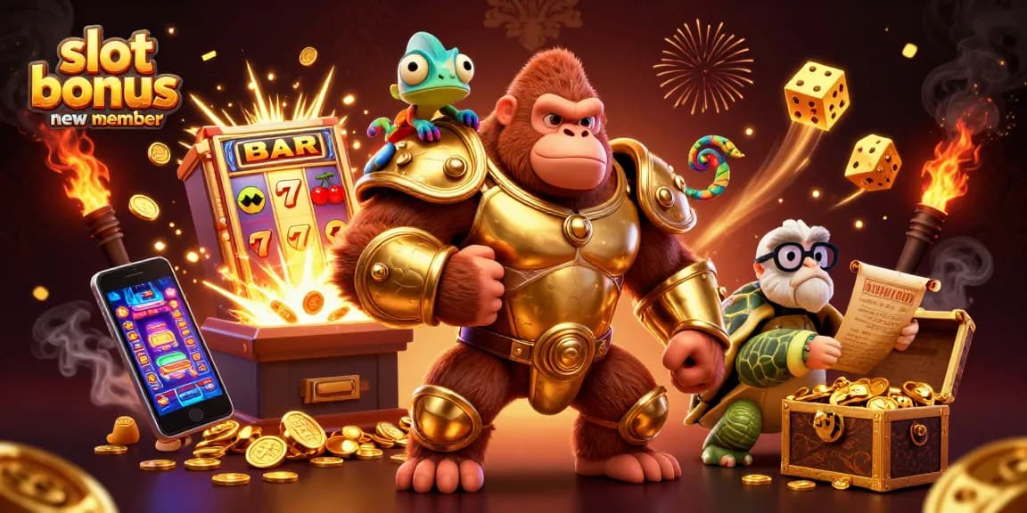 Experience the excitement of the slot bonus new member with cartoon characters and dynamic casino elements.