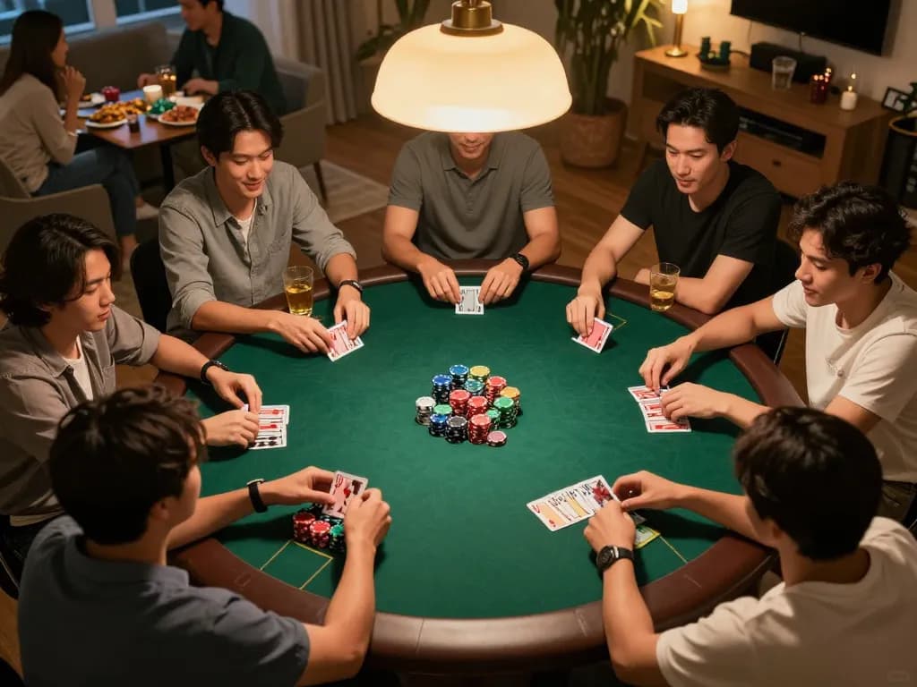 Friends engaged in a thrilling poker night, showcasing strategies with chips and cards, celebrating the excitement of rik gaming.