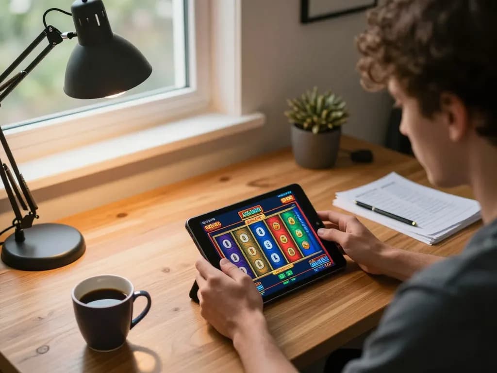 LIGA2000 player enjoying immersive slot games on a tablet in a cozy home setting