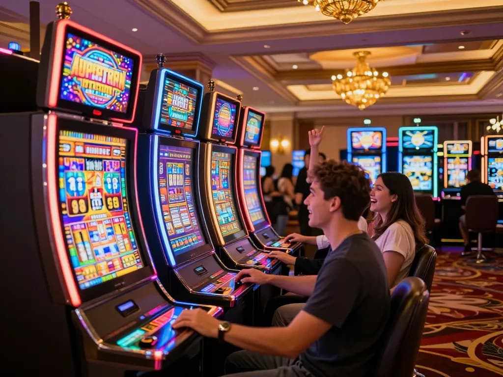 Players enjoying a thrilling experience at situs slot machines in a vibrant casino environment.