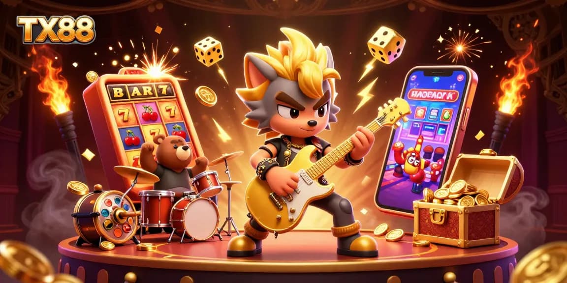 Experience TX88 casino thrills with a vibrant 3D illustration of a rock star wolf and drummer bear amidst jackpots.