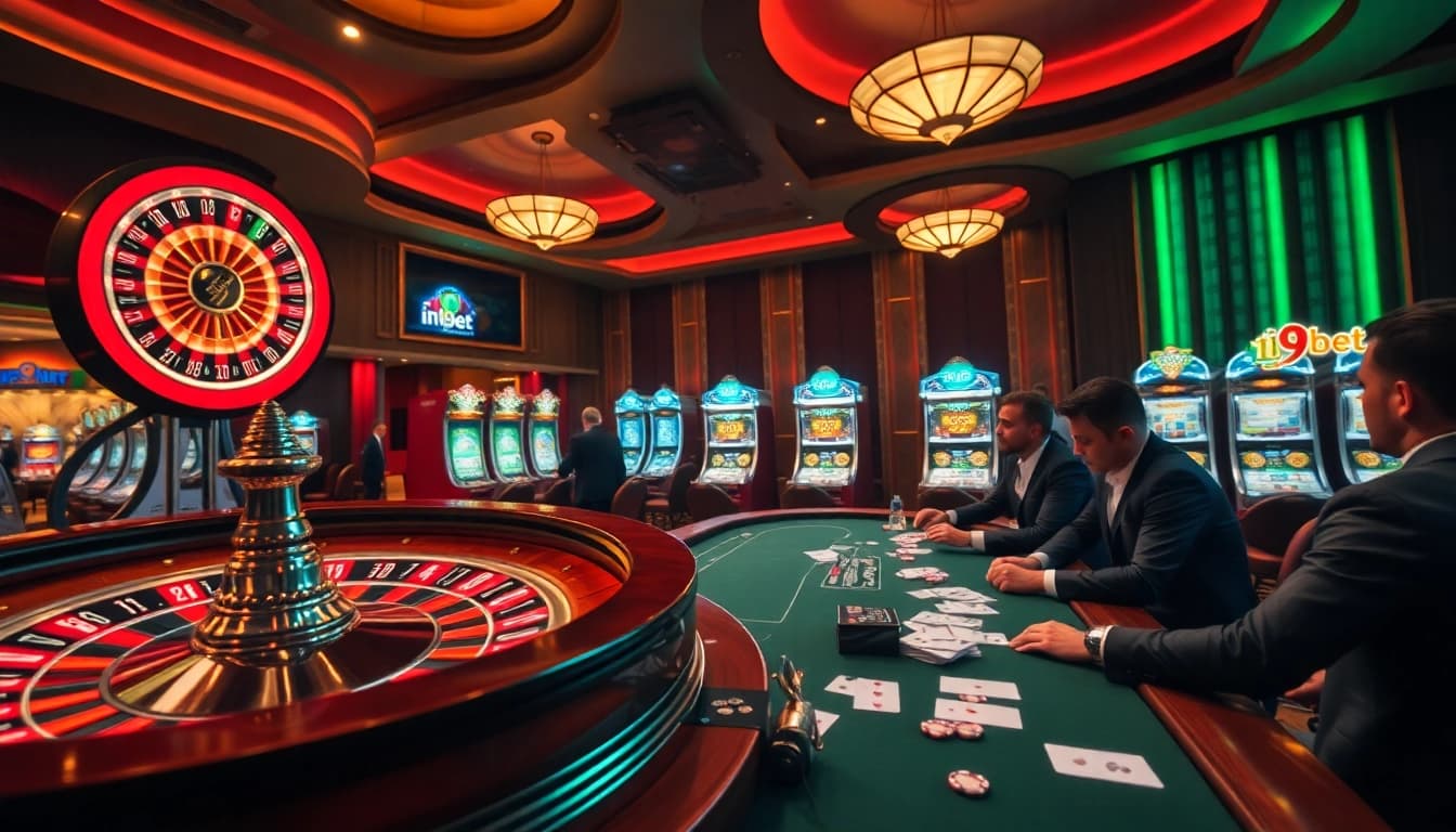 Exciting casino scene featuring roulette, poker, and i9bet gaming elements.