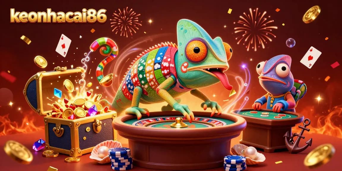 Engaging illustration featuring keonhacai86's chameleon casino owner surrounded by dynamic gambling elements.